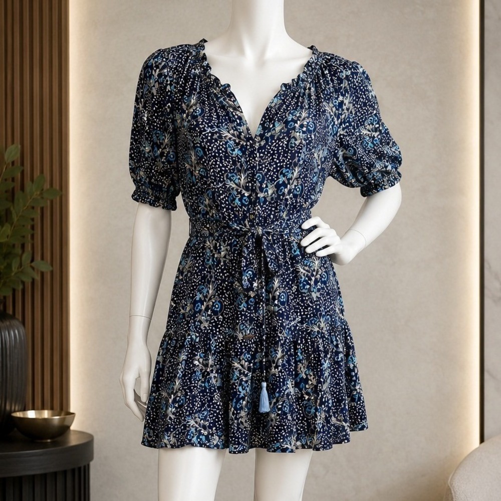 Lusana Womens Mini Dress Floral Belted V-Neck Short Puff Sleeve Navy Blue Size M